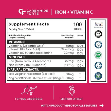 Carbamide Forte Iron+Vitamin C+ Supplement For Women Bottle Of 100 Tablets