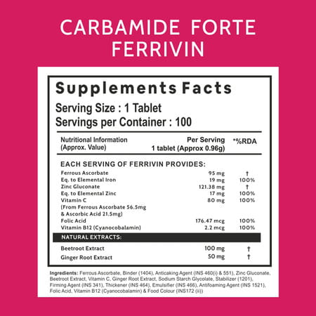 Carbamide Forte Iron+Vitamin C+Folic Acid Supplement Fast Acting100 Tablets