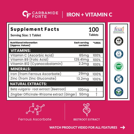 Carbamide Forte Iron+Vitamin C+Folic Acid Supplement Fast Acting100 Tablets