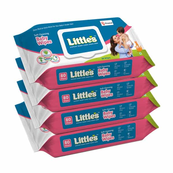 Little's Soft Cleansing Baby Wipes | Aloe Vera Jojoba Oil & Vitamin E - 80 Wipes (Lid Pack, 2 Packs)