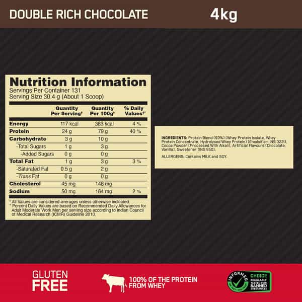 Optimum Nutrition (On) Gold Standard 100% Whey Protein Double Rich Chocolate Flavour 4Kg Powder