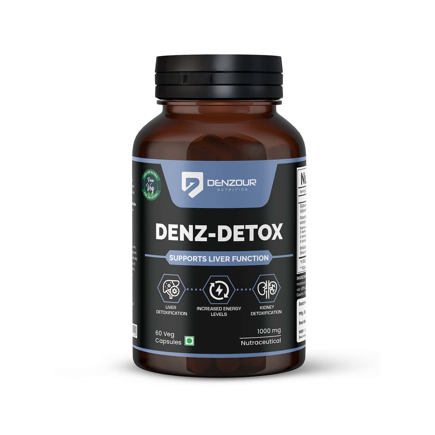 Denzour Nutrition Denz - Detox 1000mg | Supports Liver & Kidney Function | 60 Veg Capsules