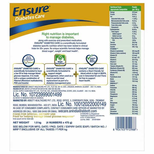 Ensure Diabetes Care Specialized Nutrition Drink Vanilla Flavour Box 1.9 Kg