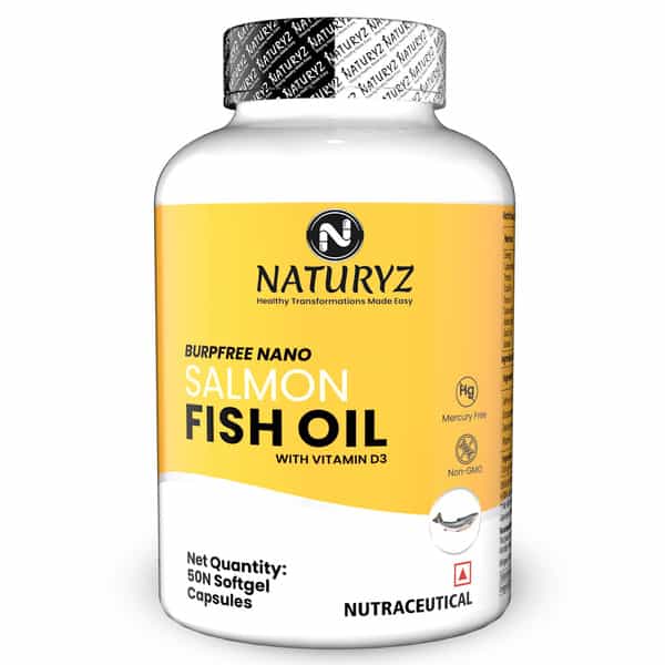Naturyz Burpfree Salmon Fish Oil 2000 Mg With Vitamin D3 For Skin, Eyes, Heart & Brain (50 Softgels)