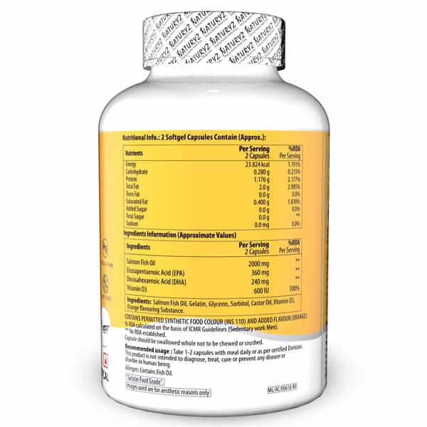 Naturyz Burpfree Salmon Fish Oil 2000 Mg With Vitamin D3 For Skin, Eyes, Heart & Brain (50 Softgels)