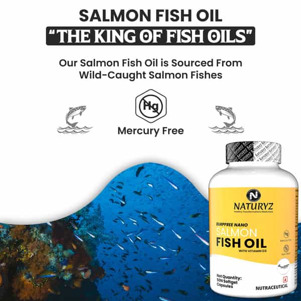 Naturyz Burpfree Salmon Fish Oil 2000 Mg With Vitamin D3 For Skin, Eyes, Heart & Brain (50 Softgels)