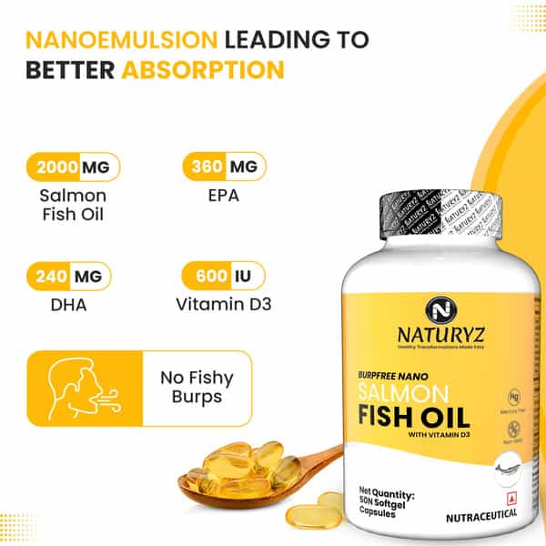 Naturyz Burpfree Salmon Fish Oil 2000 Mg With Vitamin D3 For Skin, Eyes, Heart & Brain (50 Softgels)