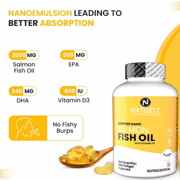 Naturyz Burpfree Salmon Fish Oil 2000 Mg With Vitamin D3 For Skin, Eyes, Heart & Brain (50 Softgels)