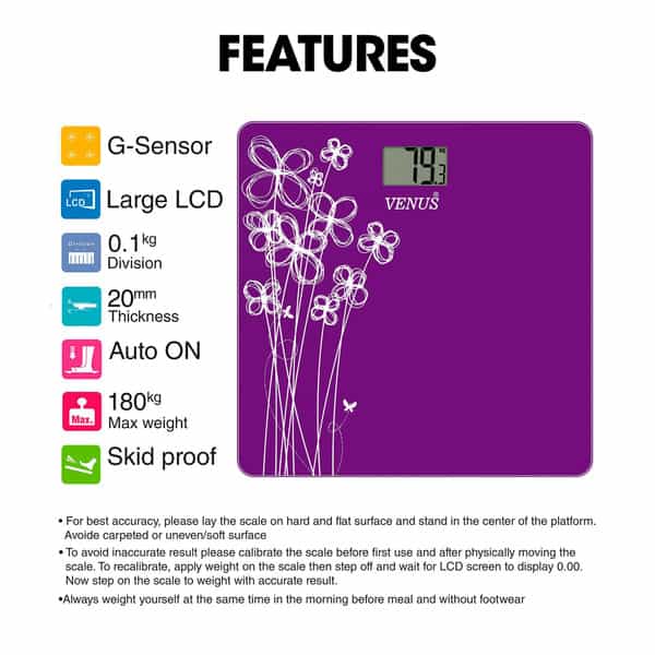 Venus (India) Electronic Digital Personal Bathroom Weight Machine | Upto 180Kg | Eps-2001 Purple