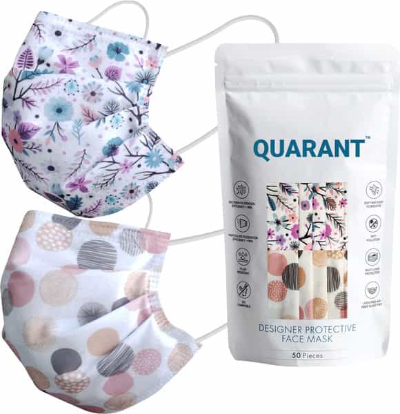 Quarant 4 Ply Designer Protective Surgical Face Mask With Nose Pin Spring Combo - Pack Of 50