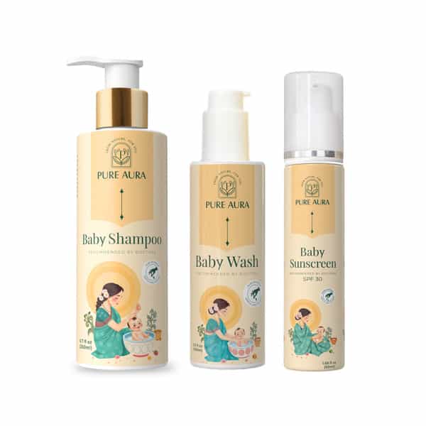Pure Aura Babys 3-In-1 Protection Kit | Ayurvedic Spf 30 Baby Sunscreen| Tear-Free Wash & Shampoo