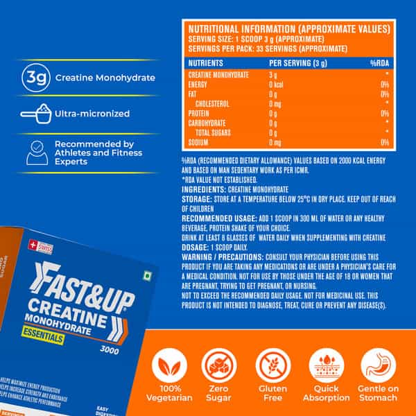 Fast&Up Creatine Monohydrate | Helps Sustain Longer Workout | Muscle Repair & Recovery - Unflavored