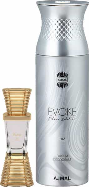 Ajmal Aura Cp Attar 10Ml For Unisex And Evoke Silver Edition Him Deodorant 200Ml For Men