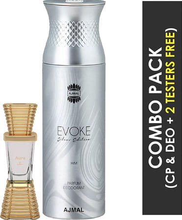 Ajmal Aura Cp Attar 10ml For Unisex And Evoke Silver Edition Him Deodorant 200ml For Men