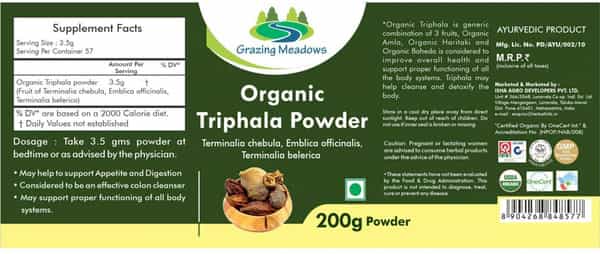 Grazing Meadows Organic Triphala Powder/Amla : Bibhitaki : Haritaki / 200Gms N (Pack Of 5)