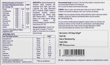 Jubilant Nutrihance Ub Gold Coenzyme Q10 150mg (10 Veg Softgels) Boost Cellular Energy & Immunity