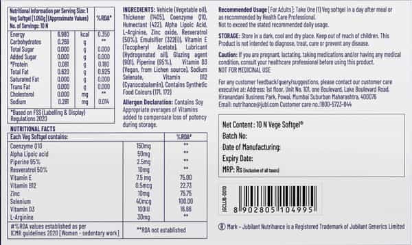 Jubilant Nutrihance Ub Gold Coenzyme Q10 150Mg (10 Veg Softgels) Boost Cellular Energy & Immunity