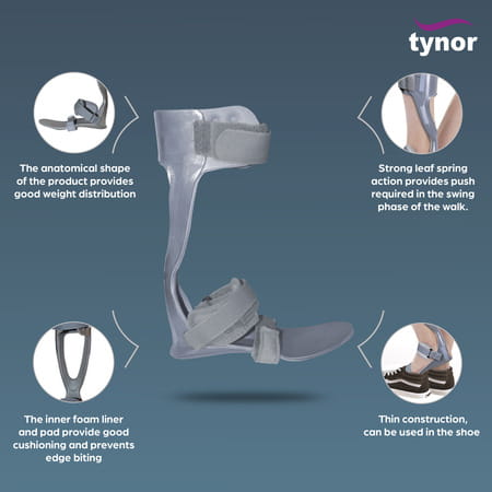 Tynor Foot Drop Splint With Liner Grey Left Medium 1 Unit