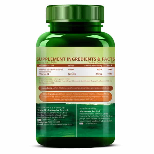 Vlado's Himalayan Organics Vitamin D3 With K2 As Mk7 Supplement- 120 Veg Tablets
