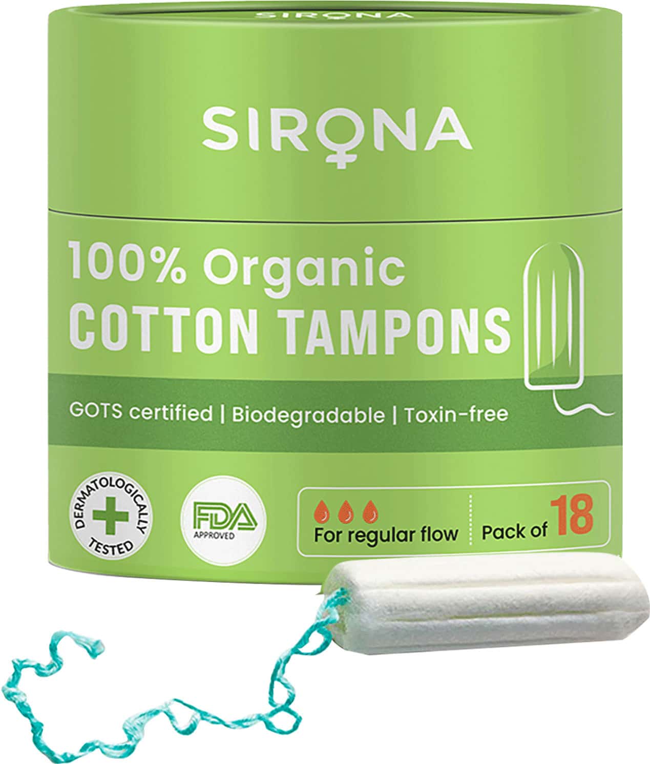 Sirona Regular Flow Organic Tampons Made With 100% Organic Cotton Non-Applicator Tampons - 18 Pcs
