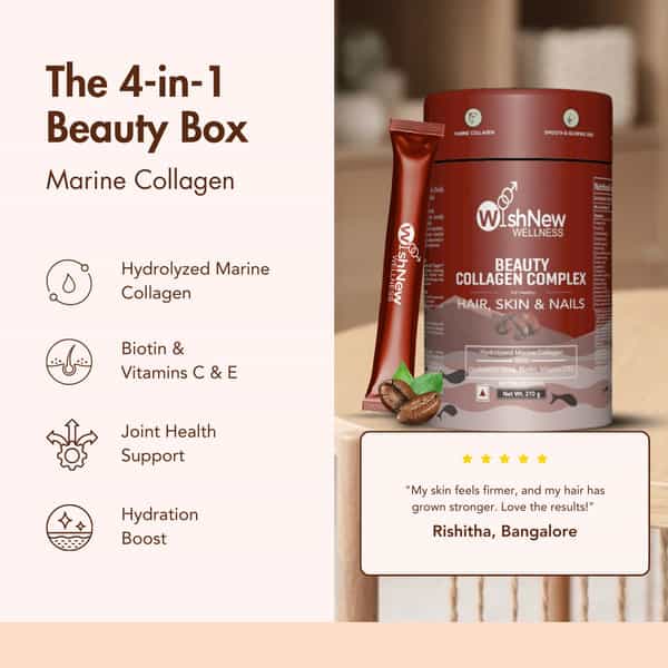 Wishnew Wellness Beauty Collagen Complex Skin | Hair&Strong Nails 21 Sachets Coffee Flavor Pack Of 2