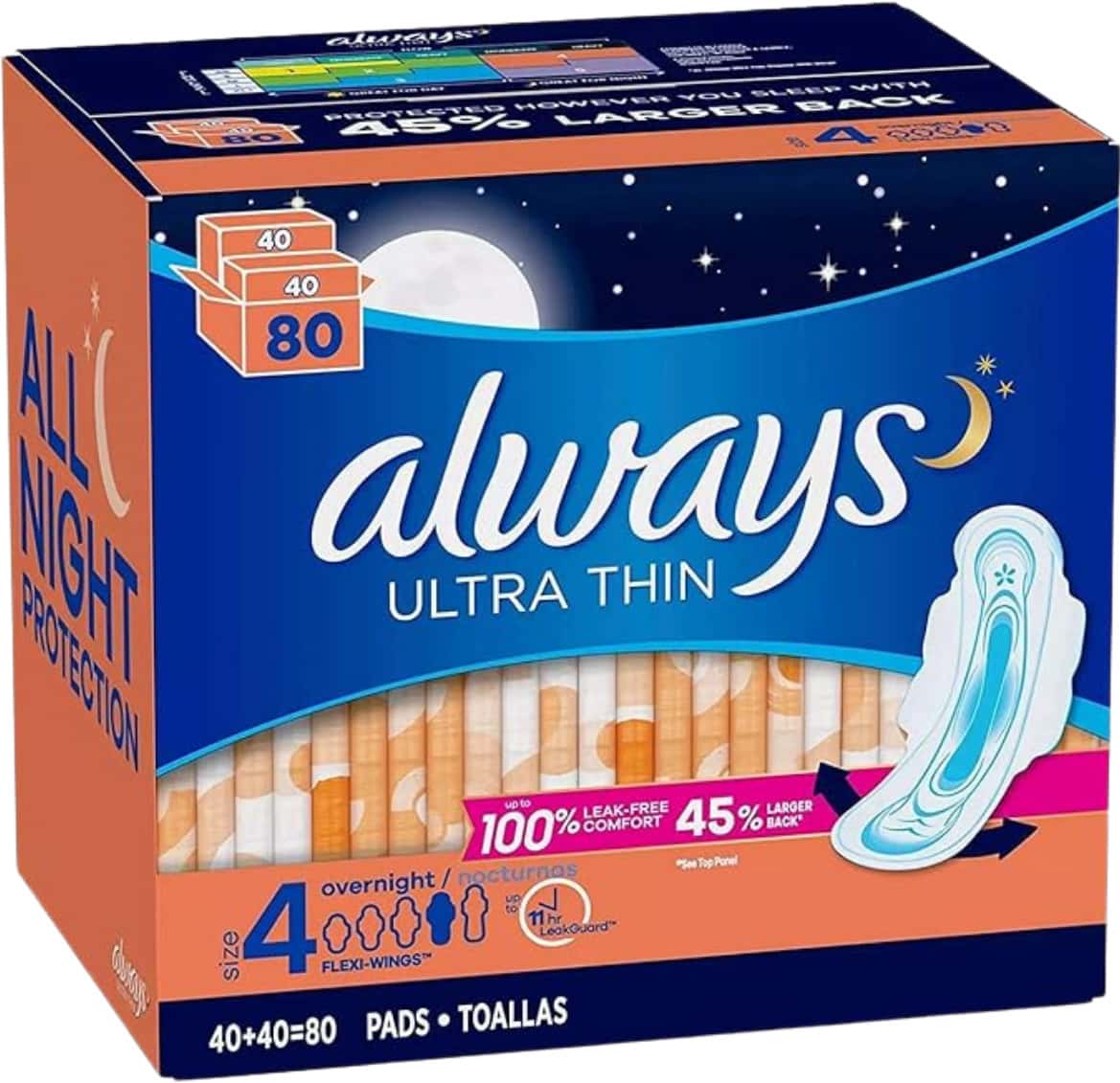 Always Ultra Thin Size 4 Overnight Pads With Wings Unscented 80 Ct.