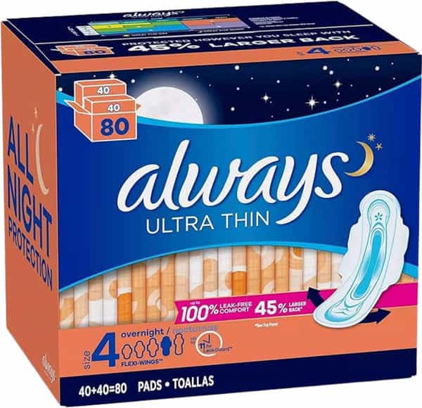 Always Ultra Thin Size 4 Overnight Pads With Wings Unscented 80 Ct.