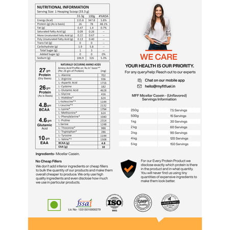 Myfitfuel Micellar Casein Protein Powder | 500 Gm | 15 Servings (Unflavoured) Slow Release Protein