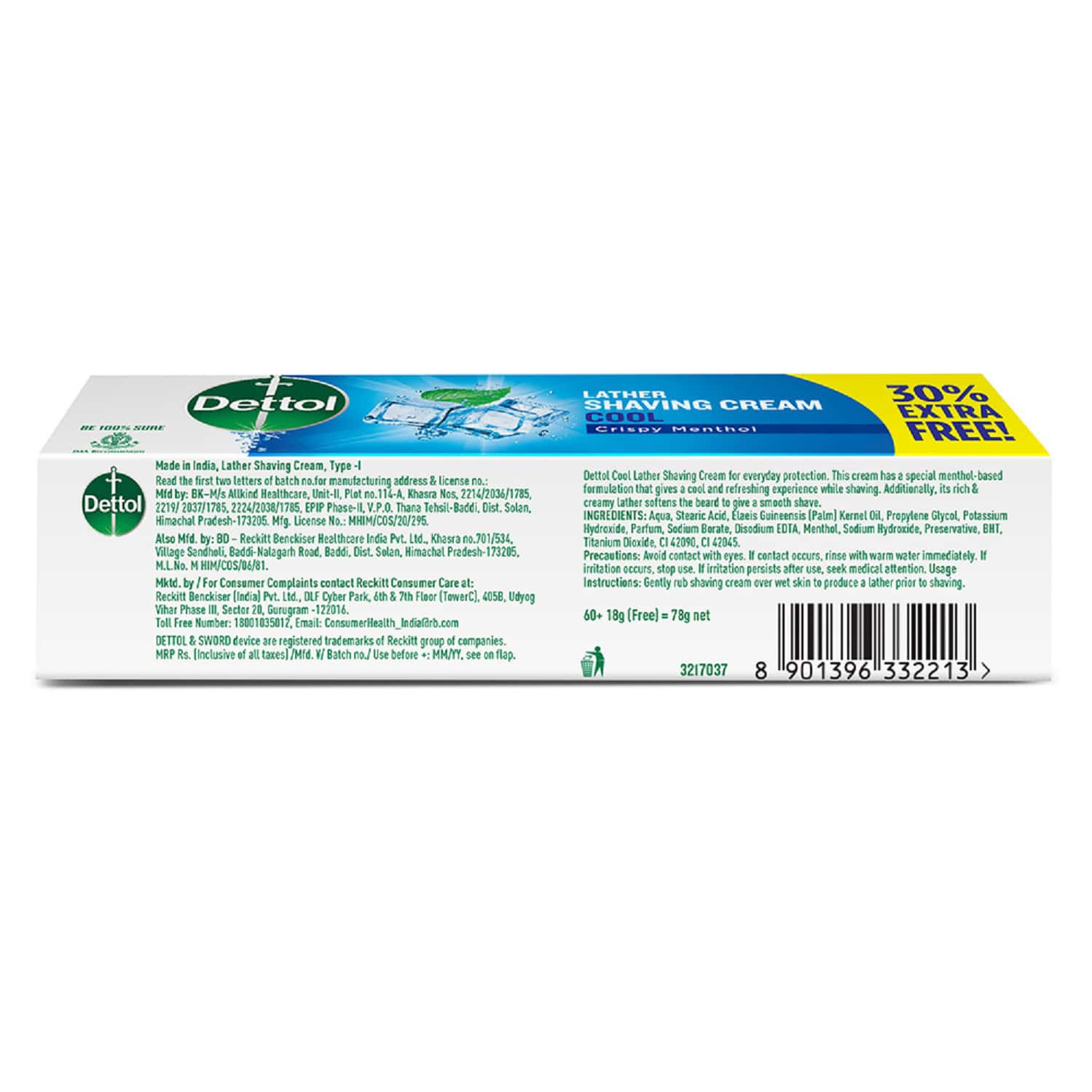 Buy DETTOL COOL LATHER (60G + 18G FREE) SHAVING CREAM BOX OF 78 G