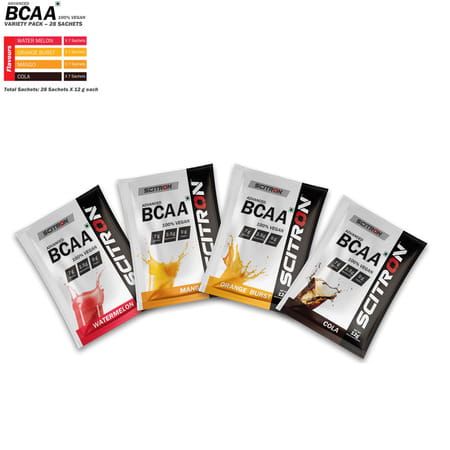 Scitron Advanced Bcaa 100% Vegan 4 Flavour Variety Box|336 G, Watermelon, Mango, Cola, Orange Burst