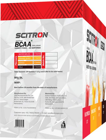 Scitron Advanced Bcaa 100% Vegan 4 Flavour Variety Box|336 G, Watermelon, Mango, Cola, Orange Burst