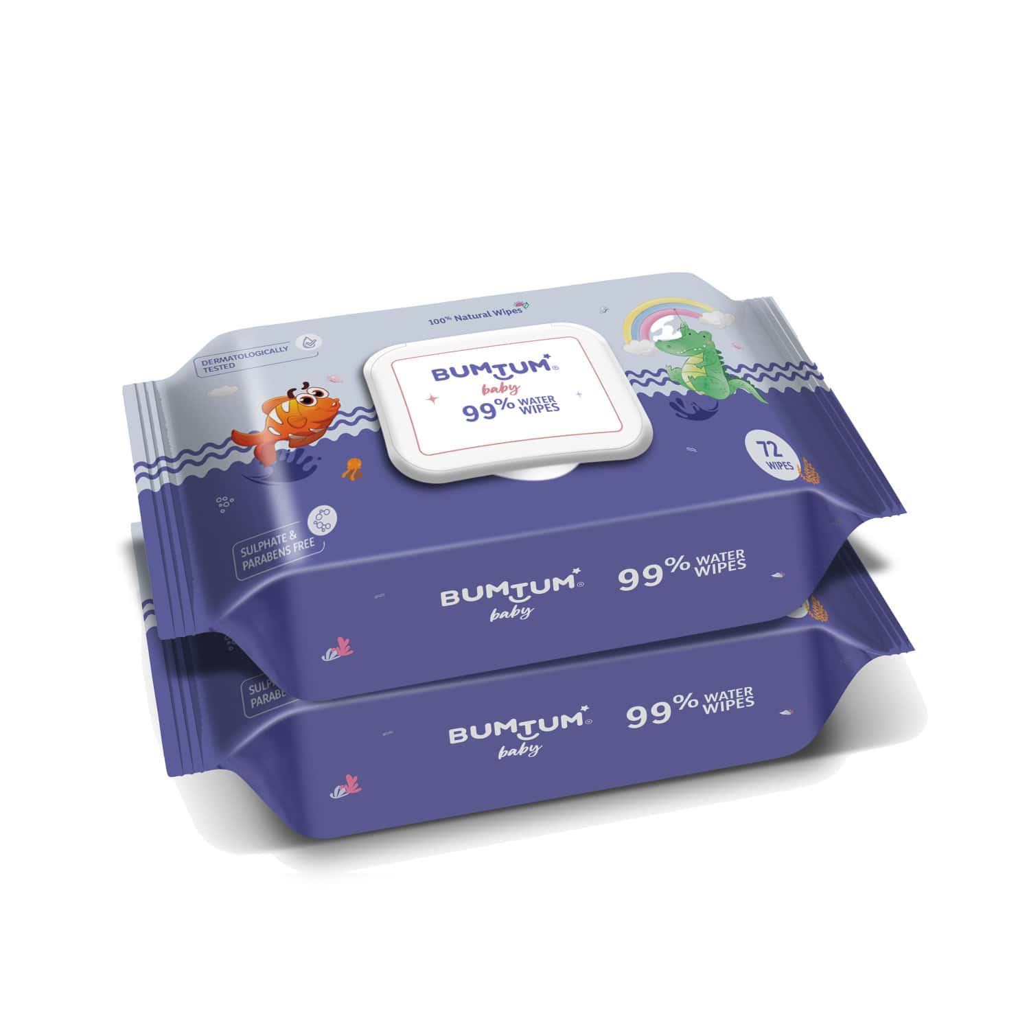 Bumtum Baby Gentle 99% Pure Water Wet Wipes With Lid Paraben Free (Pack Of 2 | 72 Pcs. Per Pack)