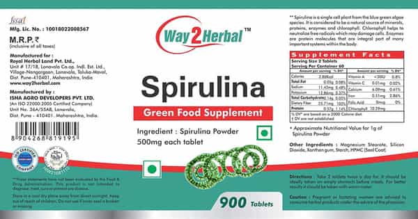 Way2herbal Spirulina Tablets. Green Food Supplement 500Mg - 900 Tablets Value Pack