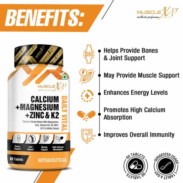 Musclexp Calcium + Magnesium + Zinc & K2-Mk7 Daily Vital 60 Tablets (Pack Of 2)
