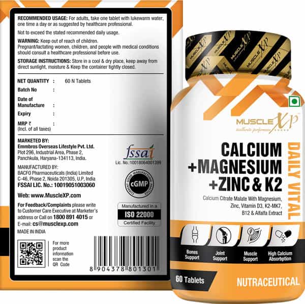 Musclexp Calcium + Magnesium + Zinc & K2-Mk7 Daily Vital 60 Tablets (Pack Of 2)