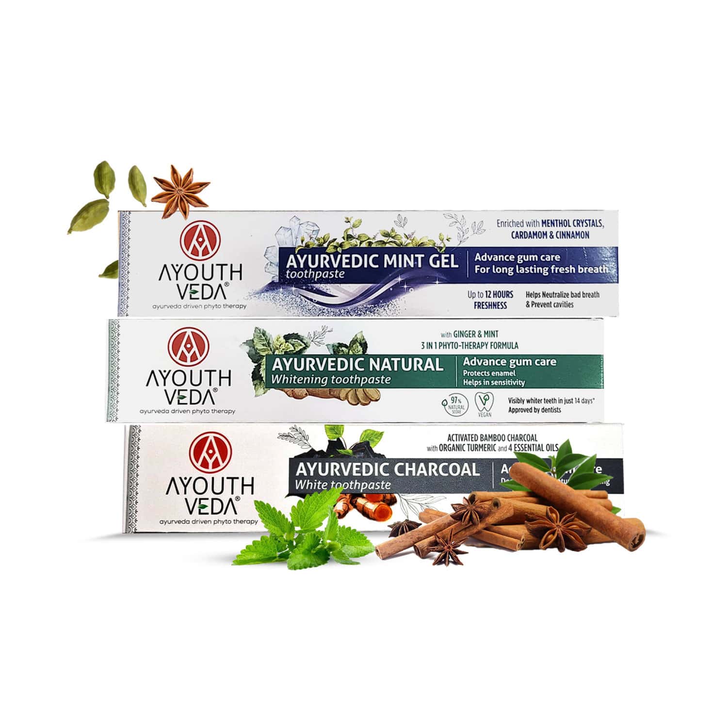 Ayouthveda Toothpaste Combo (total Care 360 | Natural Whitening | Charcoal White) - 100g Each