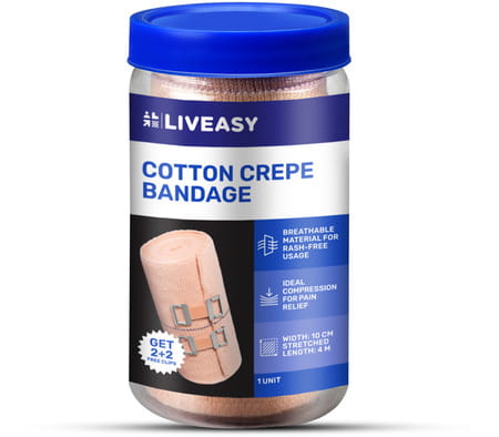 Liveasy Ortho Care Cotton Crepe Bandage - Reduces Strain Sprain & Swelling - 10 Cms X 4 Meters