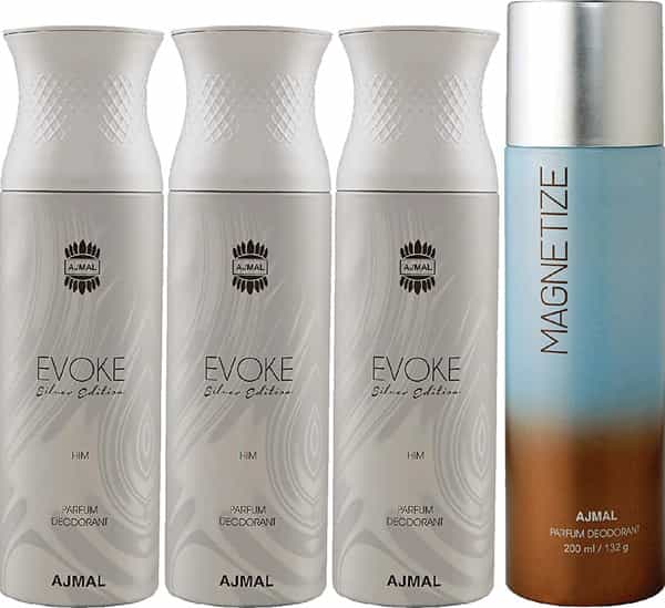 Ajmal 3 Evoke Silver Edition For Men & 1 Magnetize For Men & Women Deo Each 200Ml Combo Pack 4