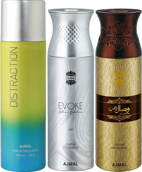Ajmal 1 Distraction Unisex 1 Evoke Silver Edition & 1 Wisal Dhahab Men Deo Each 200Ml Combo Pack 3
