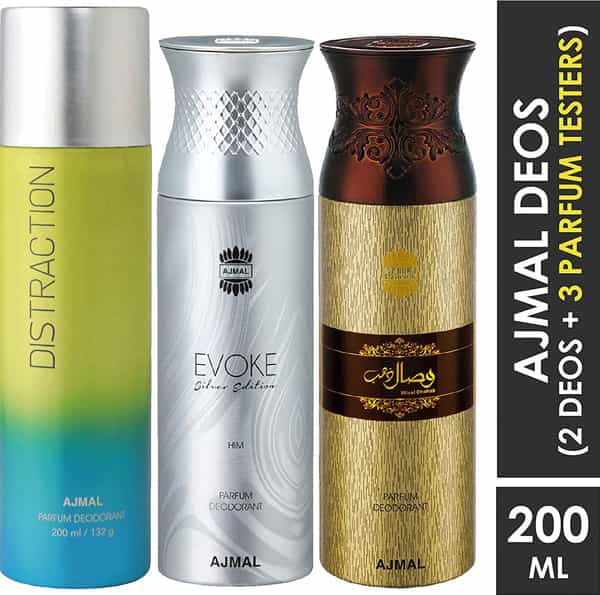 Ajmal 1 Distraction Unisex 1 Evoke Silver Edition & 1 Wisal Dhahab Men Deo Each 200Ml Combo Pack 3
