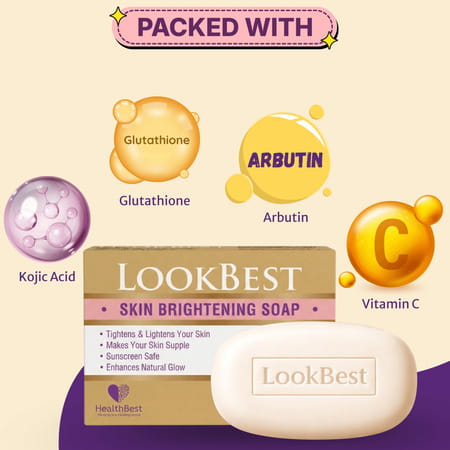 Healthbest Lookbest Skin Brightening Soap|Glutathione&Kozic Acid|Skin Glow|Anti-Aging| 75gxpack Of 3