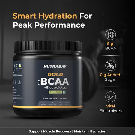 Nutrabay Gold Bcaa 2:1:1 Electrolytes|5G Bcaa | Pre/Post Workout Energy Drink|250G | Green Apple