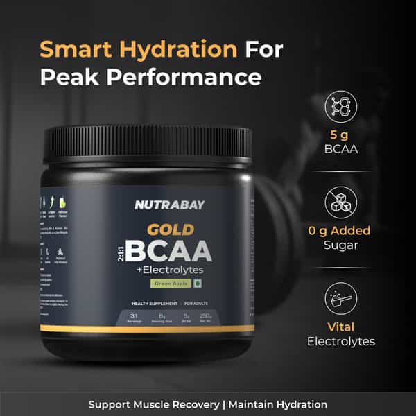 Nutrabay Gold Bcaa 2:1:1 Electrolytes|5G Bcaa | Pre/Post Workout Energy Drink|250G | Green Apple