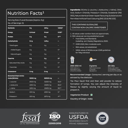 Nutrabay Gold Bcaa 2:1:1 Electrolytes|5G Bcaa | Pre/Post Workout Energy Drink|250G | Green Apple