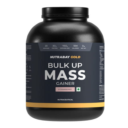 Nutrabay Gold Bulk Up Mass Gainer | Carbs To Protein Blend (3:1) | 30g Protein - 3kg | Strawberry