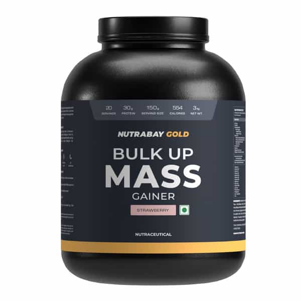 Nutrabay Gold Bulk Up Mass Gainer | Carbs To Protein Blend (3:1) | 30G Protein - 3Kg | Strawberry