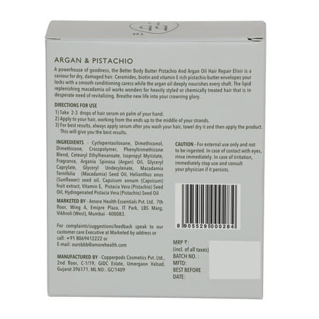 Bbb Better Body Bombay Argan & Pistachio Hair Repair Elixir | For Dry | Damaged Hair (50ml)