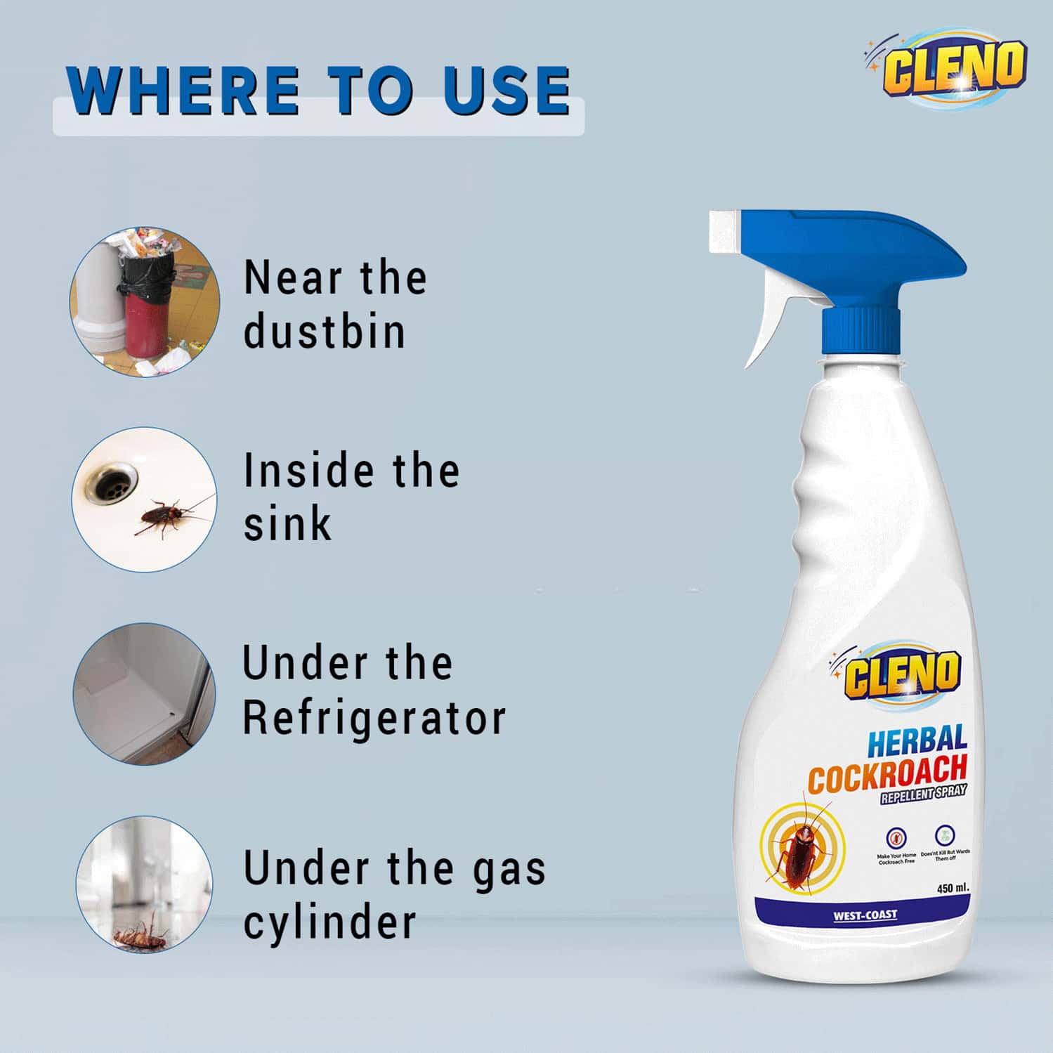 Buy CLENO HERBAL COCKROACH REPELLENT SPRAY 450 ML (READY TO USE