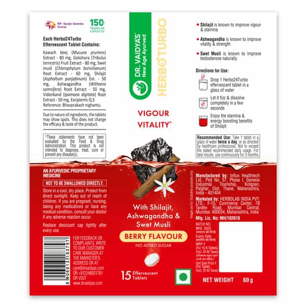 Dr. Vaidya's Herbo24turbo Effervescent: Unlock Super Vigour And Vitality (Berry Flavour)