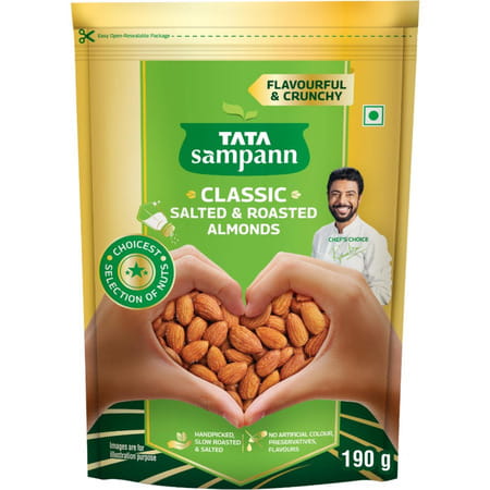 Tata Sampann Classic Salted & Roasted Almonds/Badam| Flavourful & Crunchy Snack| 190g